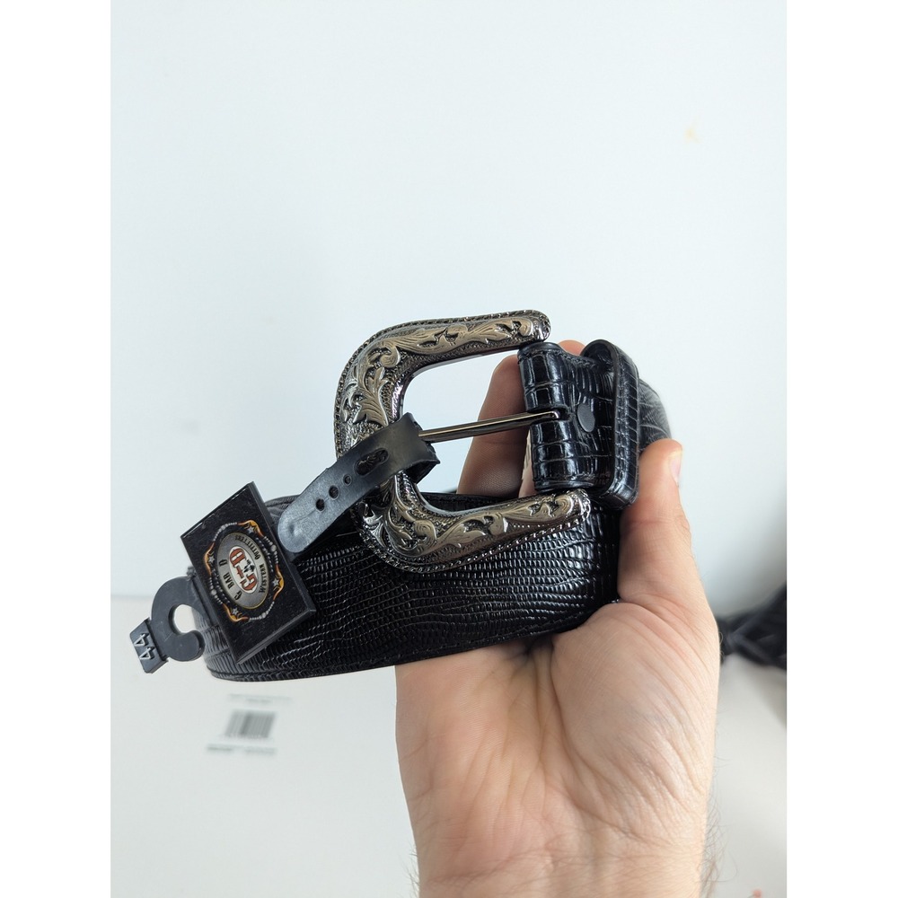 G Bar D Mens Western Leather Belt Black Lizard Embossed Engraved Buckle Size 44